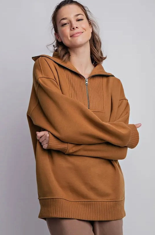 CAMEL FRENCH TERRY RIBBED MOCK NECK QUARTER ZIP