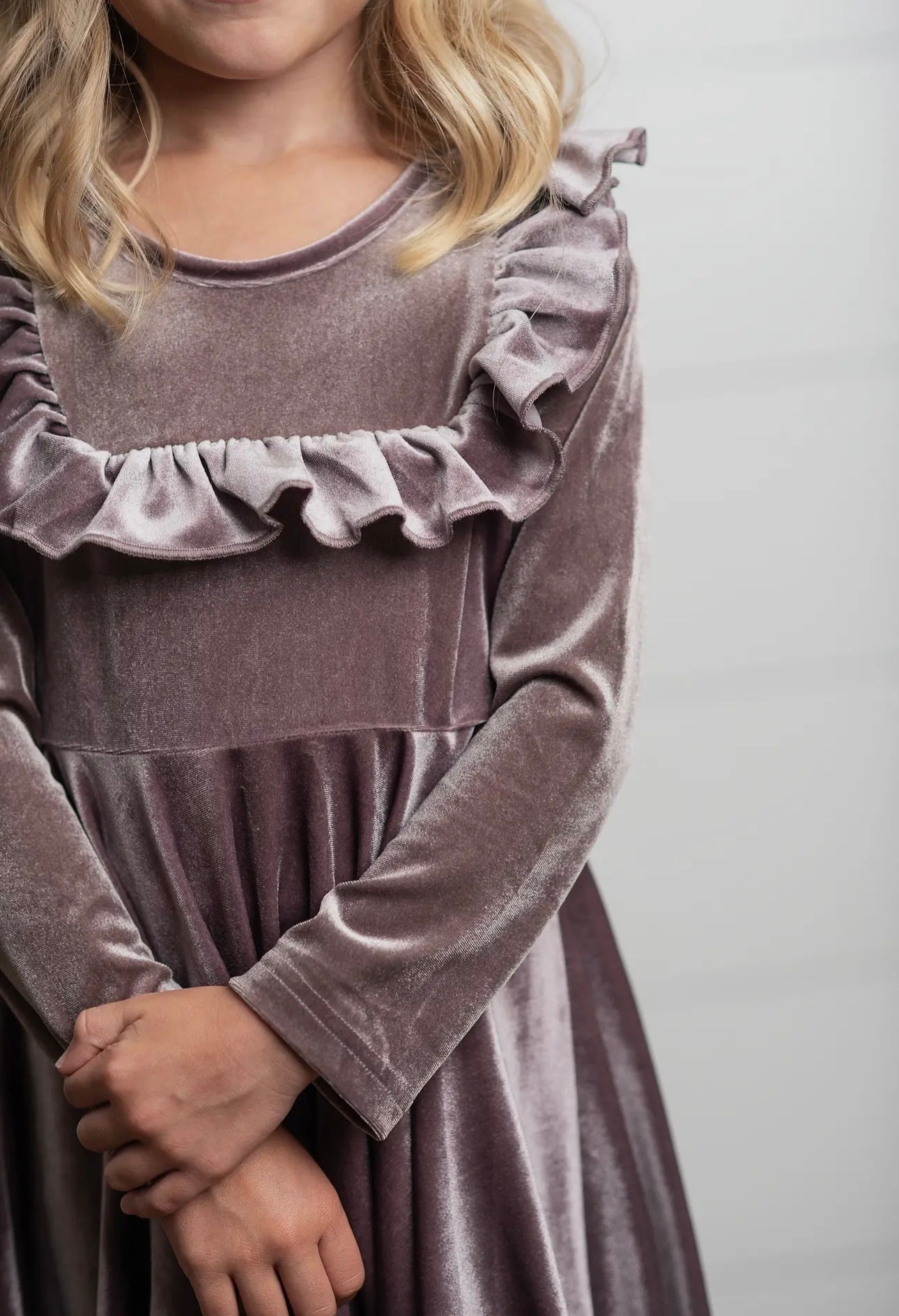 KIDS LAVENDER VELVET RUFFLE DRESS