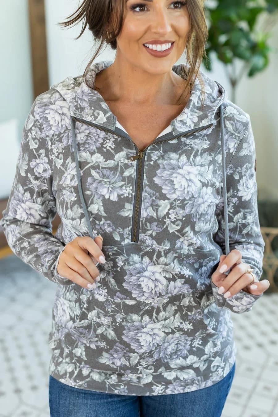 MICHELLE MAE FLORAL HALF ZIP GREY AND PURPLE