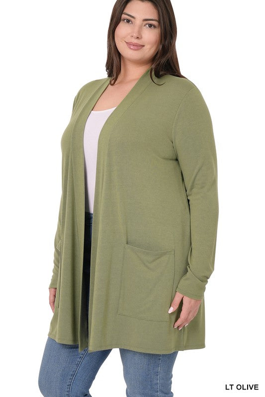 LIGHT OLIVE SLOUCHY POCKET OPEN CARDIGAN