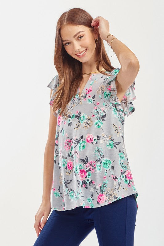 GRAY FLORAL FLUTTER SLEEVE TOP