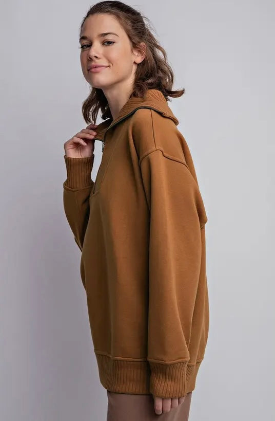 CAMEL FRENCH TERRY RIBBED MOCK NECK QUARTER ZIP