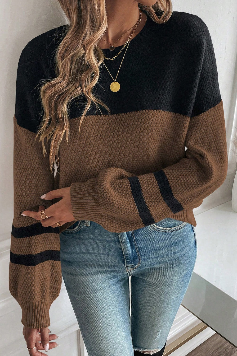 PREORDER BROWN COLORBLOCK KNIT STRIPE SLEEVE SWEATER