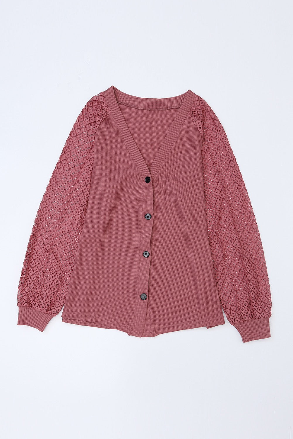 ROSE WAFFLED KNIT LACE SLEEVE BUTTON DOWN CARDIGAN