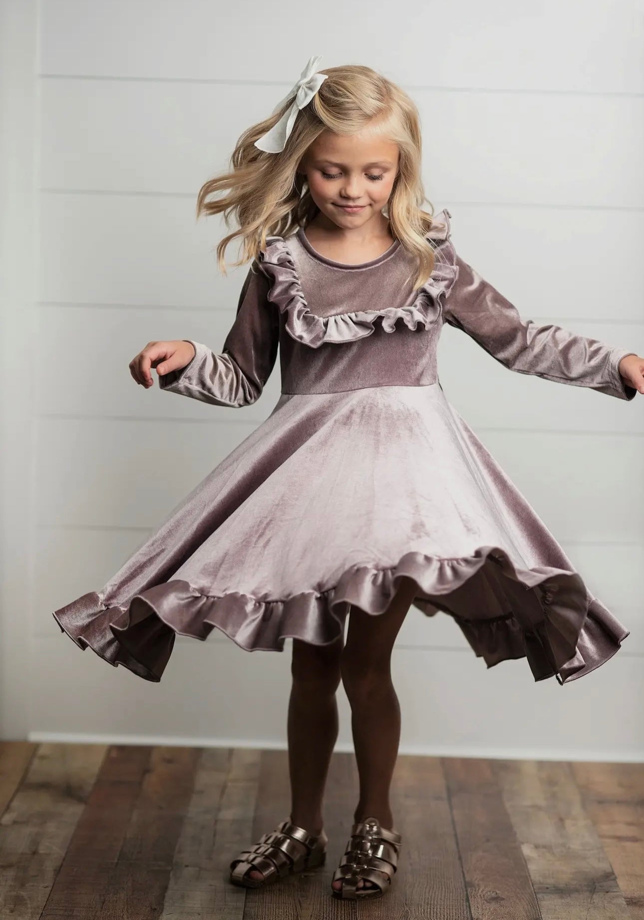 KIDS LAVENDER VELVET RUFFLE DRESS