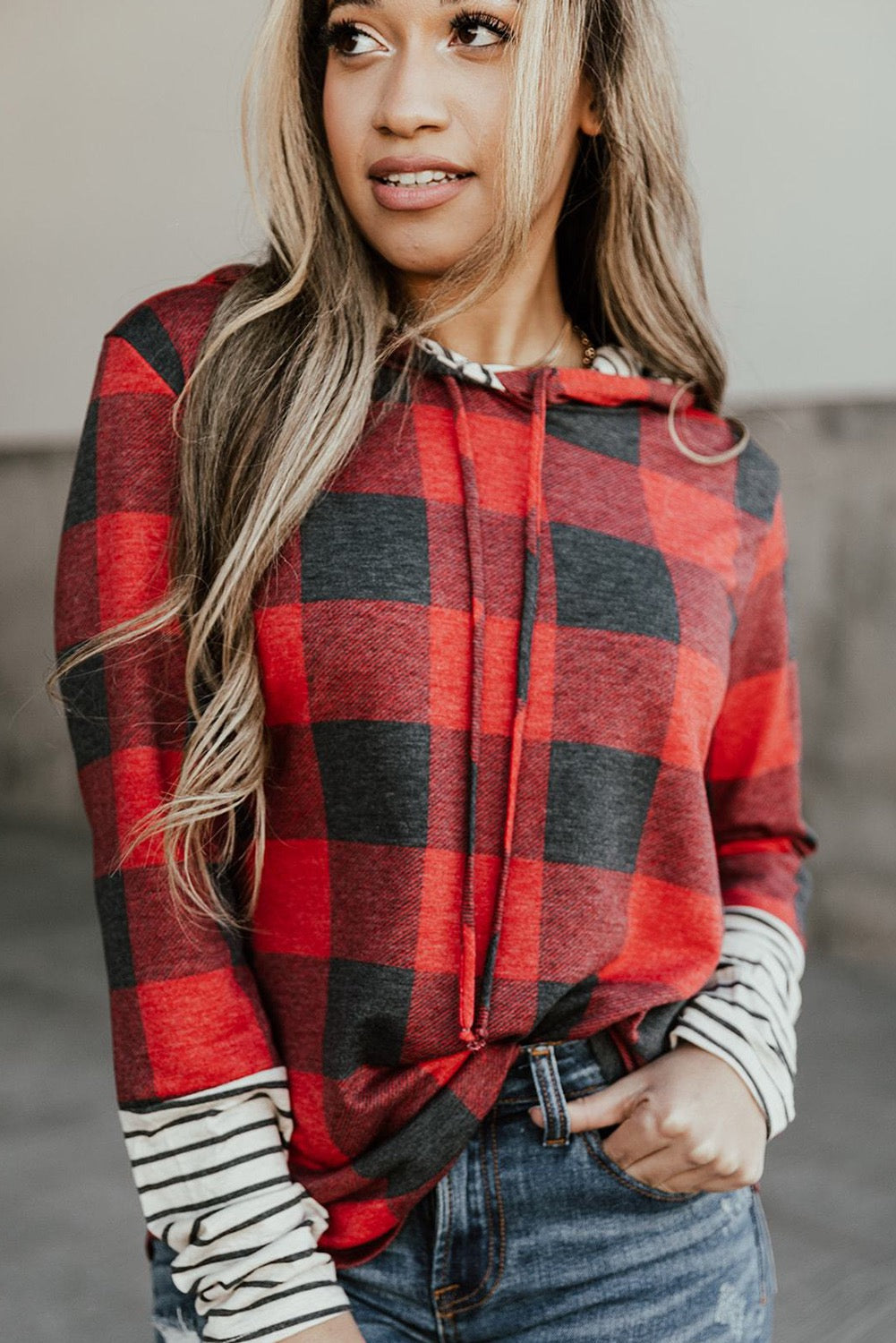 RED PATCHWORK DRAWSTRING HOODIE