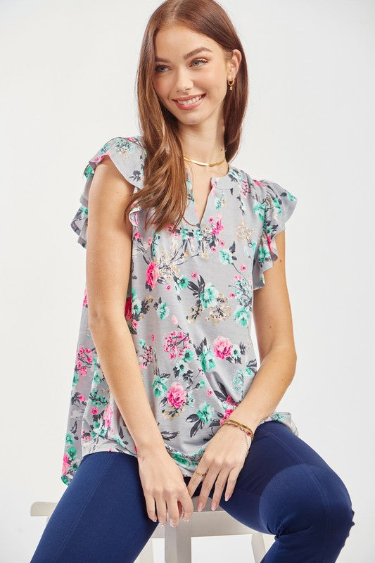 GRAY FLORAL FLUTTER SLEEVE TOP