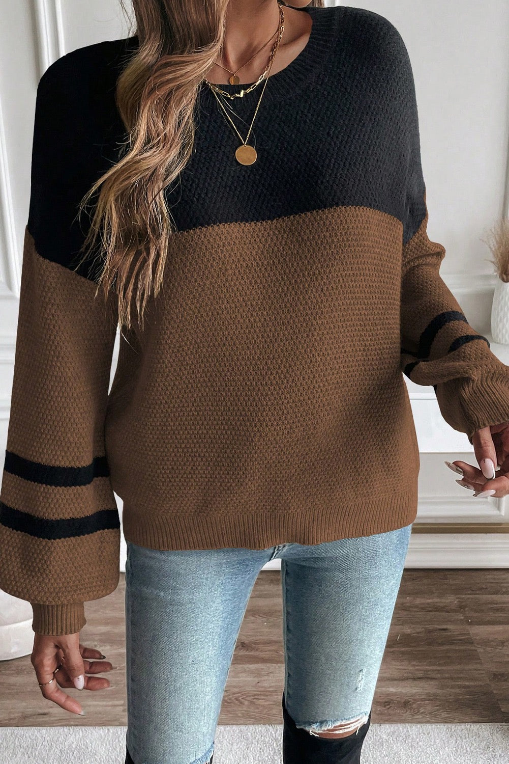 PREORDER BROWN COLORBLOCK KNIT STRIPE SLEEVE SWEATER