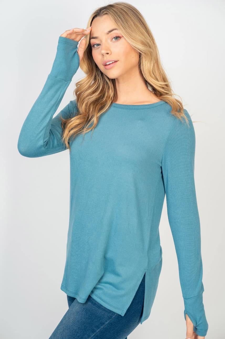 CLOUD SOFT STEEL BLUE LONG SLEEVE TOP WITH THUMBHOLES