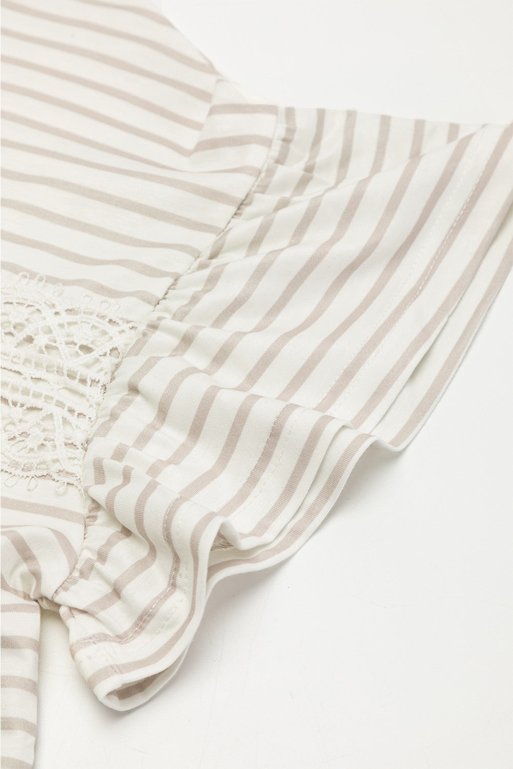 TAN STRIPED LACE RUFFLE SLEEVE TOP