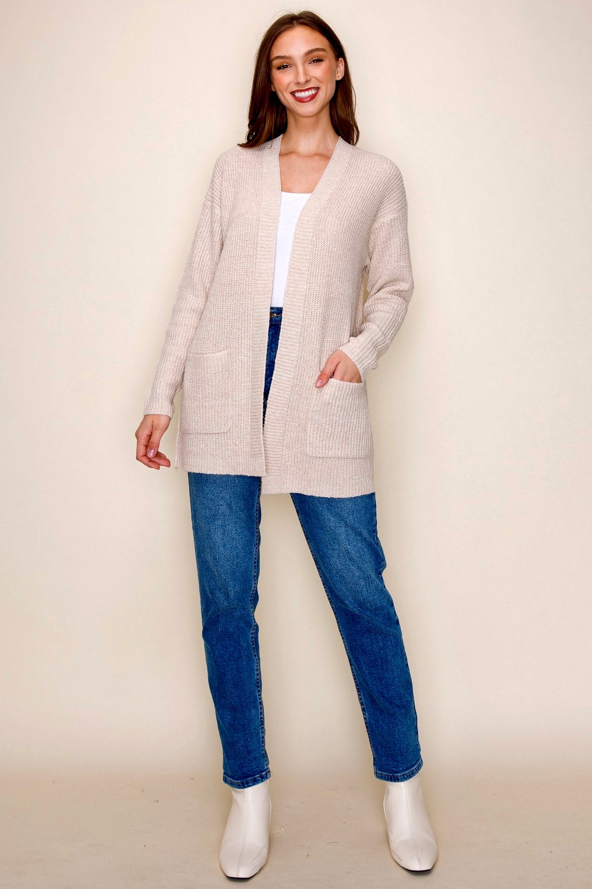 OATMEAL OPEN FRONT POCKET SWEATER CARDIGAN