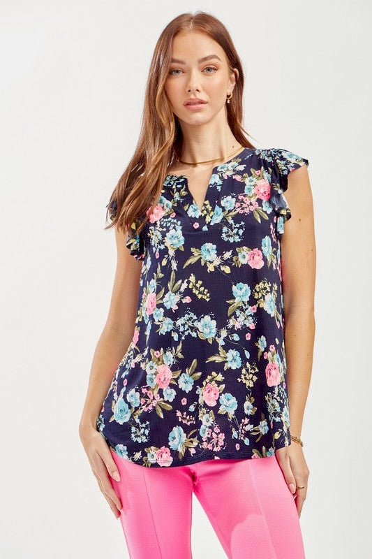 NAVY FLORAL FLUTTER SLEEVE TOP