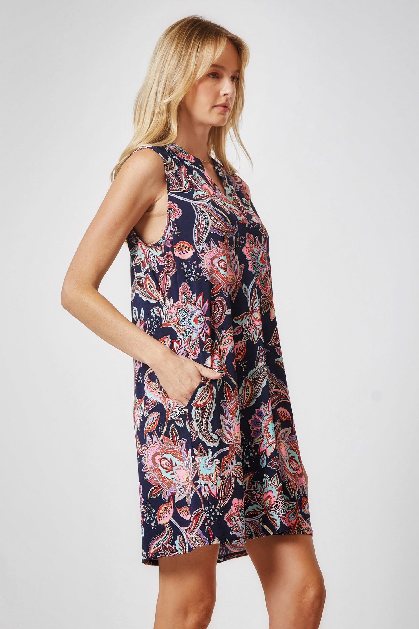 NAVY PAISLEY FLORAL TANK DRESS