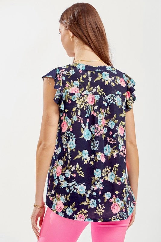 NAVY FLORAL FLUTTER SLEEVE TOP