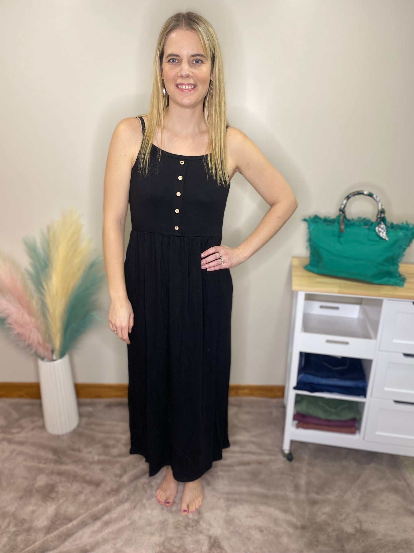 BLACK BUTTON DOWN TANK DRESS WITH POCKETS