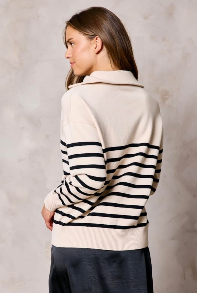 OATMEAL/BLACK STRIPE HALF ZIP SWEATER