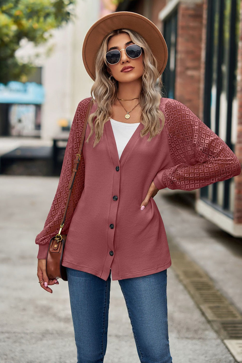 ROSE WAFFLED KNIT LACE SLEEVE BUTTON DOWN CARDIGAN