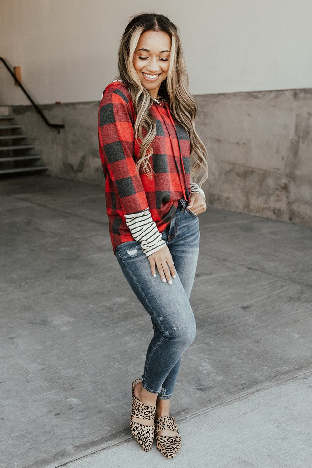 RED PATCHWORK DRAWSTRING HOODIE