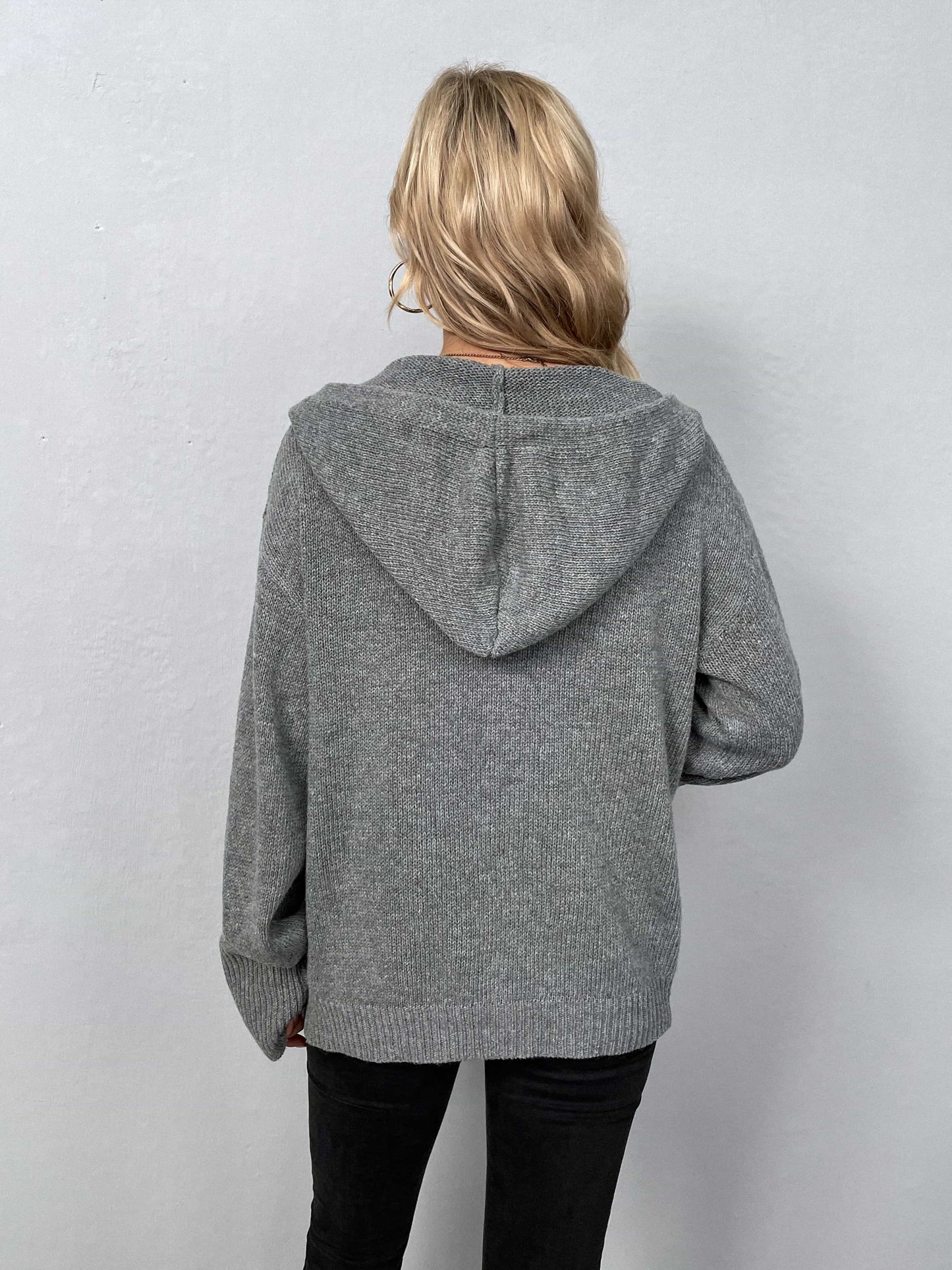 GRAY BUTTON DOWN HOODED CARDIGAN