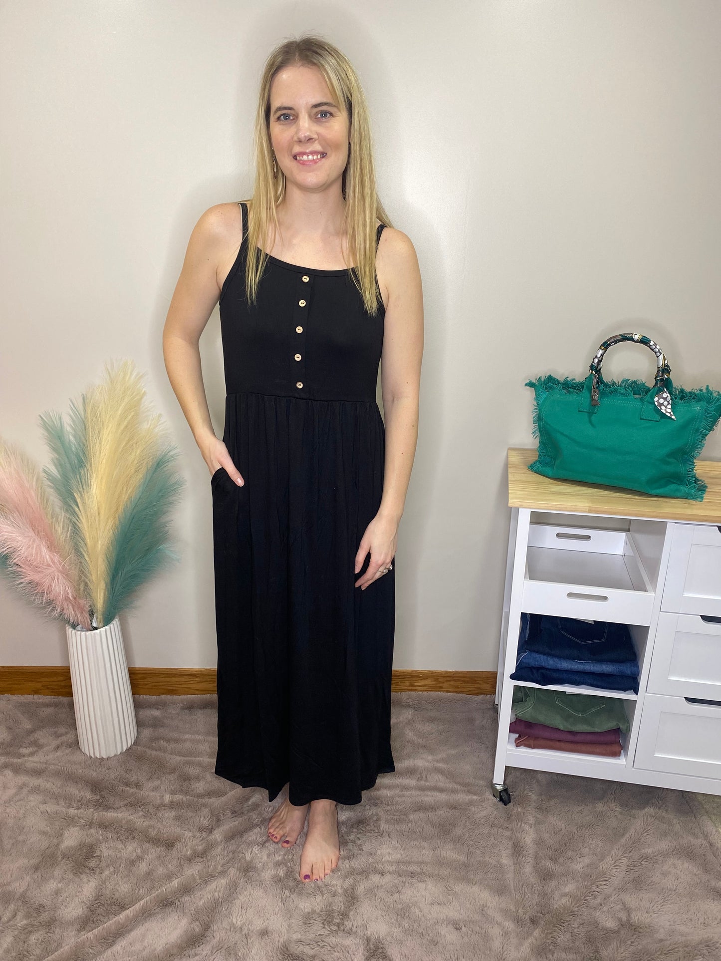 BLACK BUTTON DOWN TANK DRESS WITH POCKETS