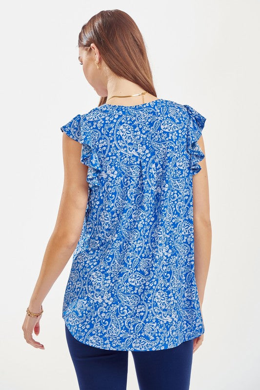 BLUE PAISLEY FLUTTER SLEEVE TOP