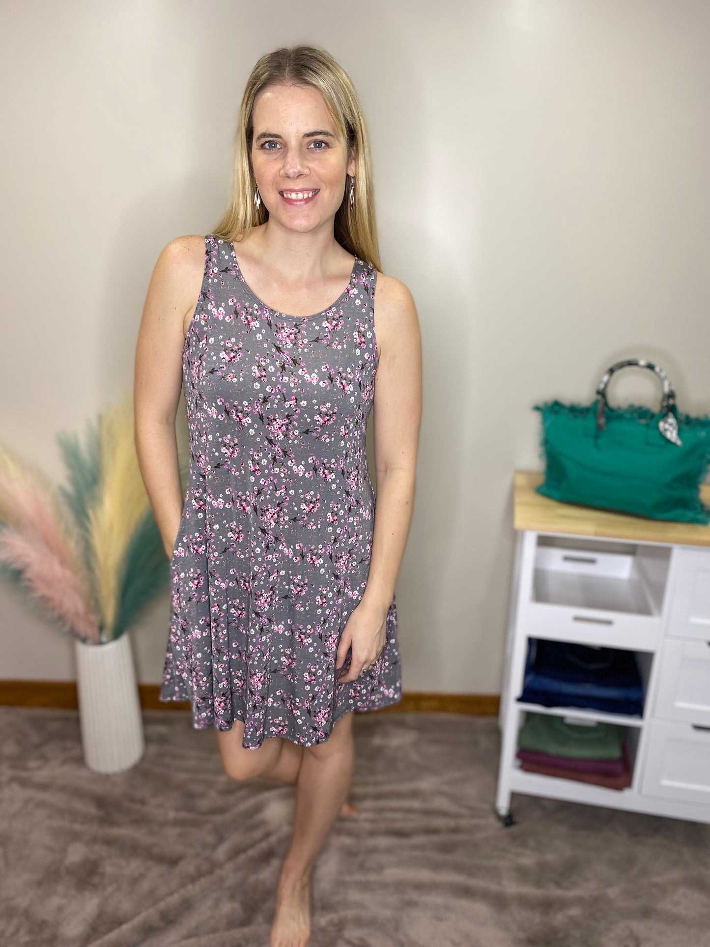 GRAY FLORAL TANK DRESS WITH POCKETS