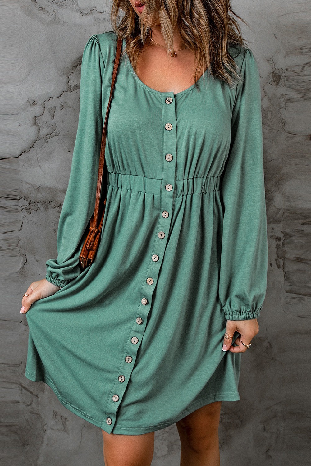 GREEN BUTTON DOWN LONG SLEEVE DRESS