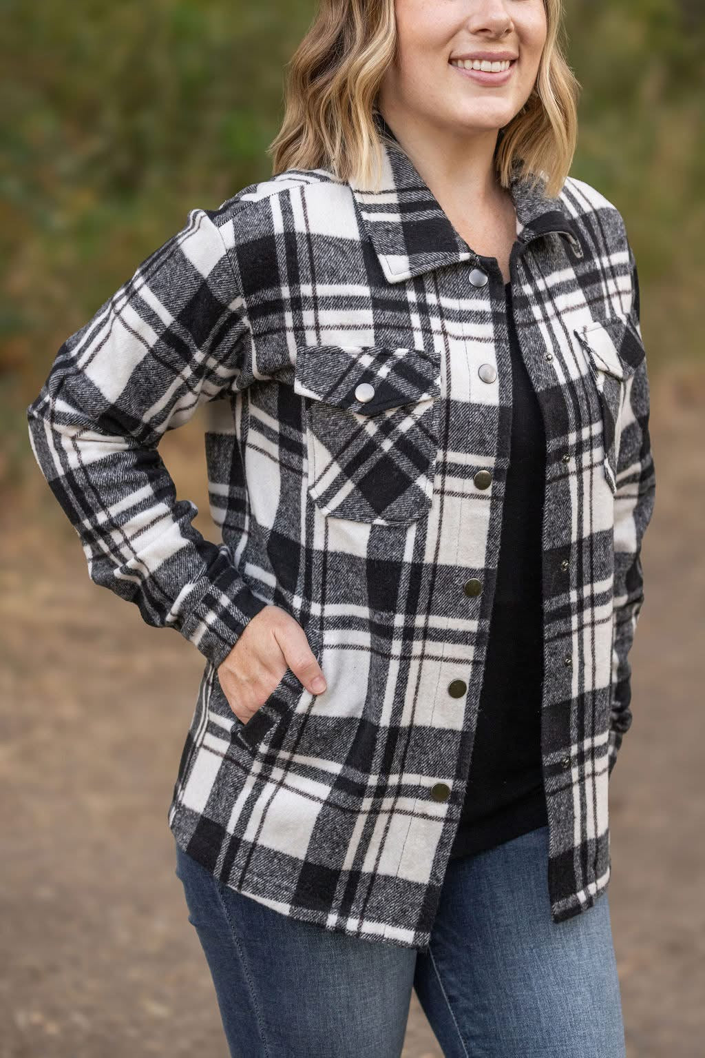 MICHELLE MAE BLACK & WHITE PLAID SHACKET