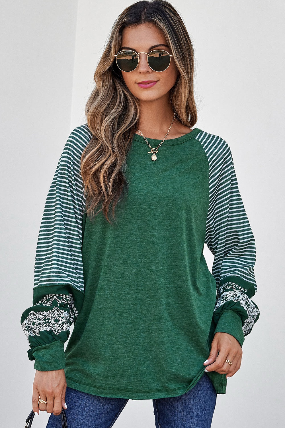 PREORDER DEEP GREEN RAGLAN STRIPED LOOSE SLEEVE TOP