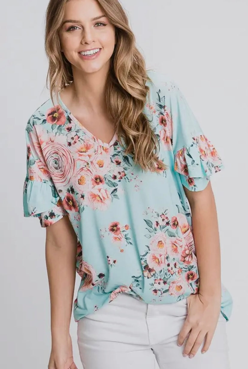 FLORAL VNECK TOP WITH RUFFLE SLEEVE