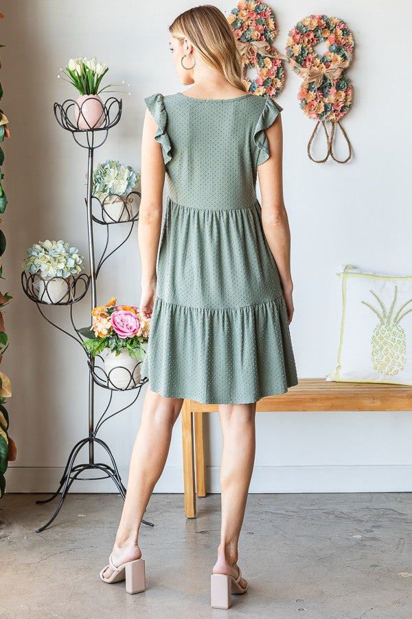 OLIVE SWISS DOT TIERED DRESS