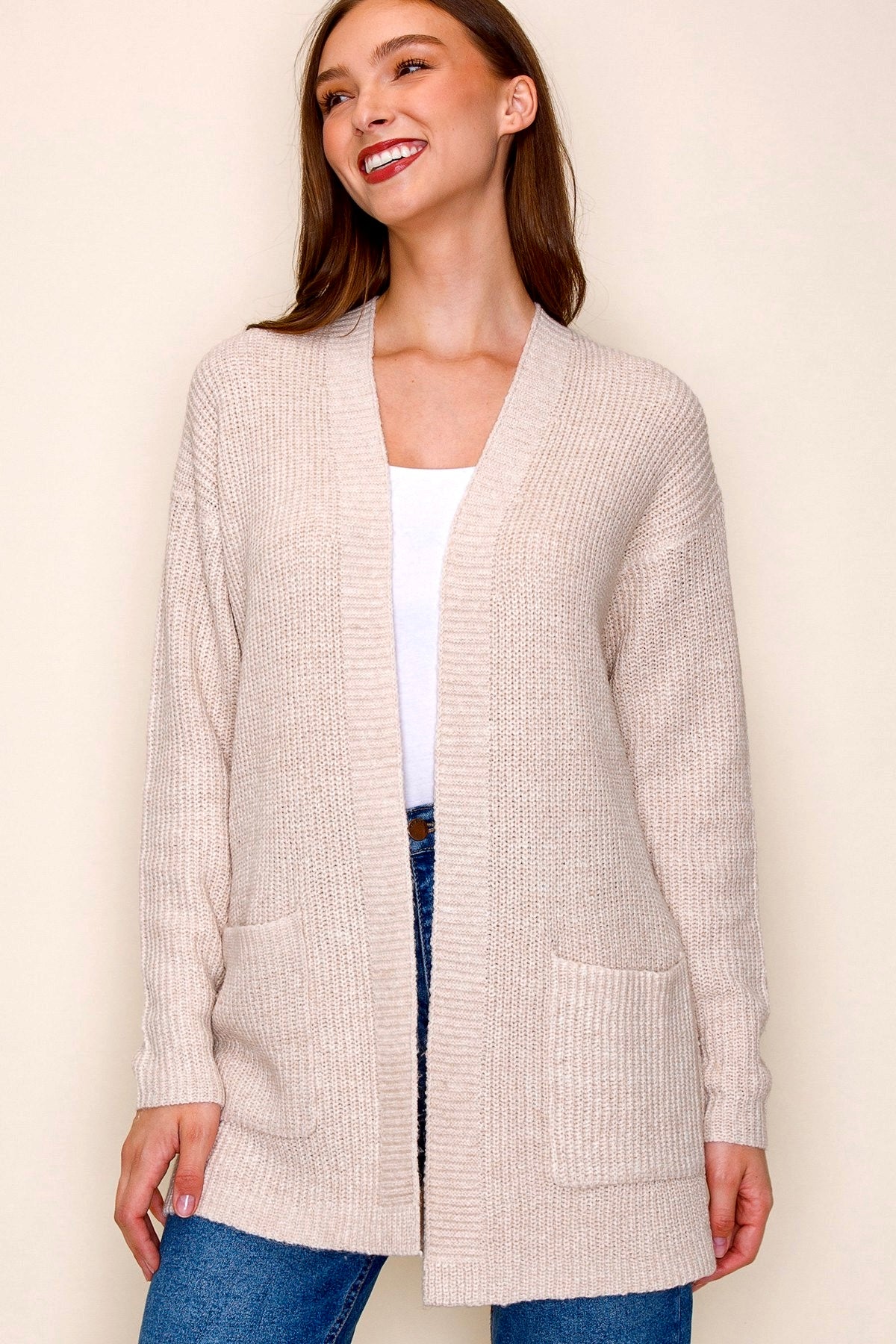 OATMEAL OPEN FRONT POCKET SWEATER CARDIGAN