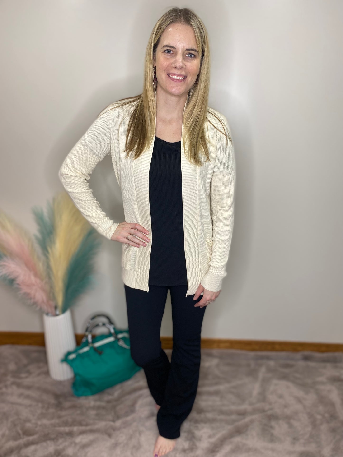 ALMOND OPEN FRONT POCKET KNIT CARDIGAN