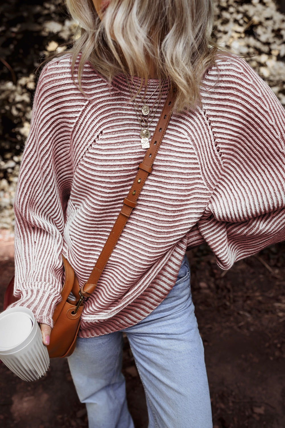PREORDER RED DAHLIA STRIPED RIBBED KNIT BOATNECK BAGGY SWEATER