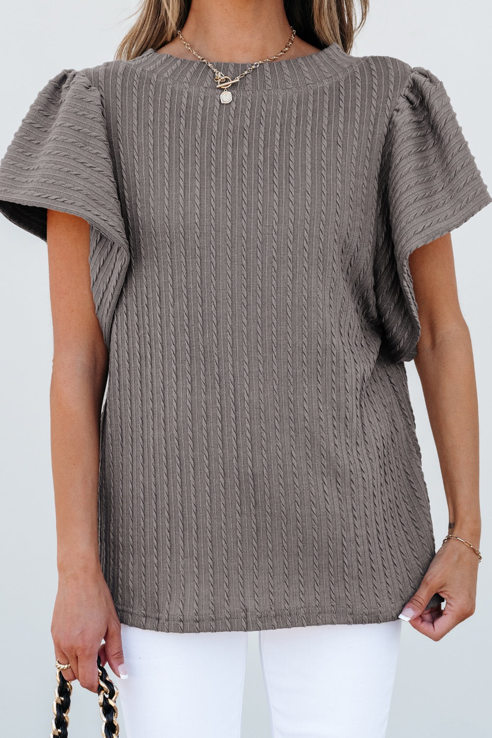 SLEET TEXTURED FLUTTER SLEEVE TOP