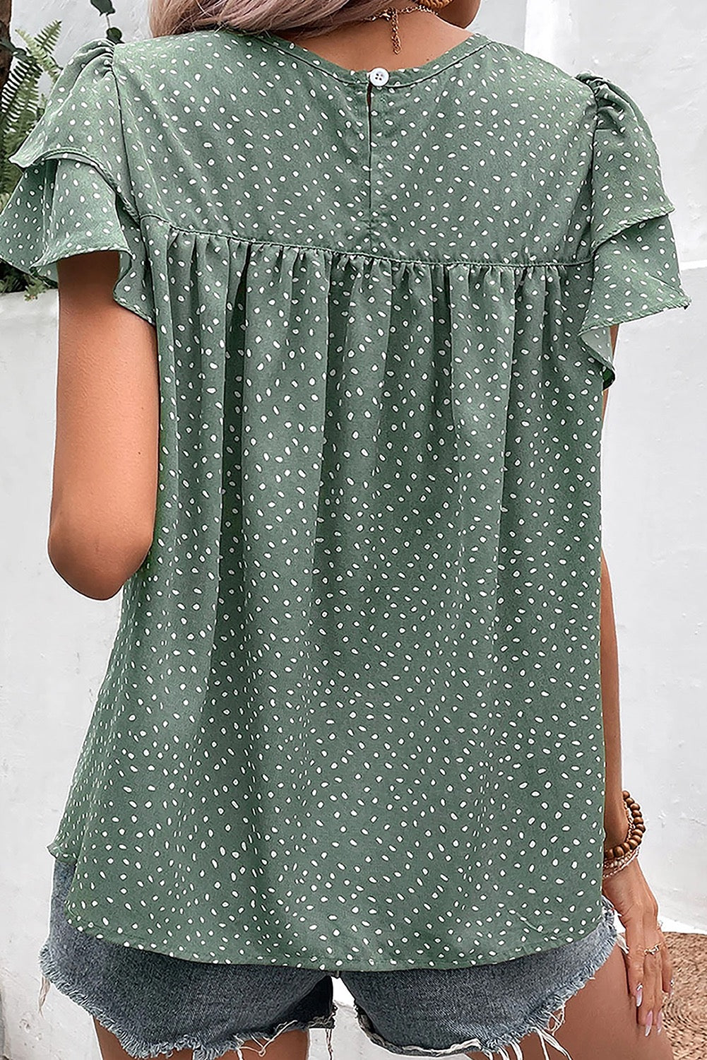 LAUREL GREEN DOTTED RUFFLE SLEEVE BLOUSE