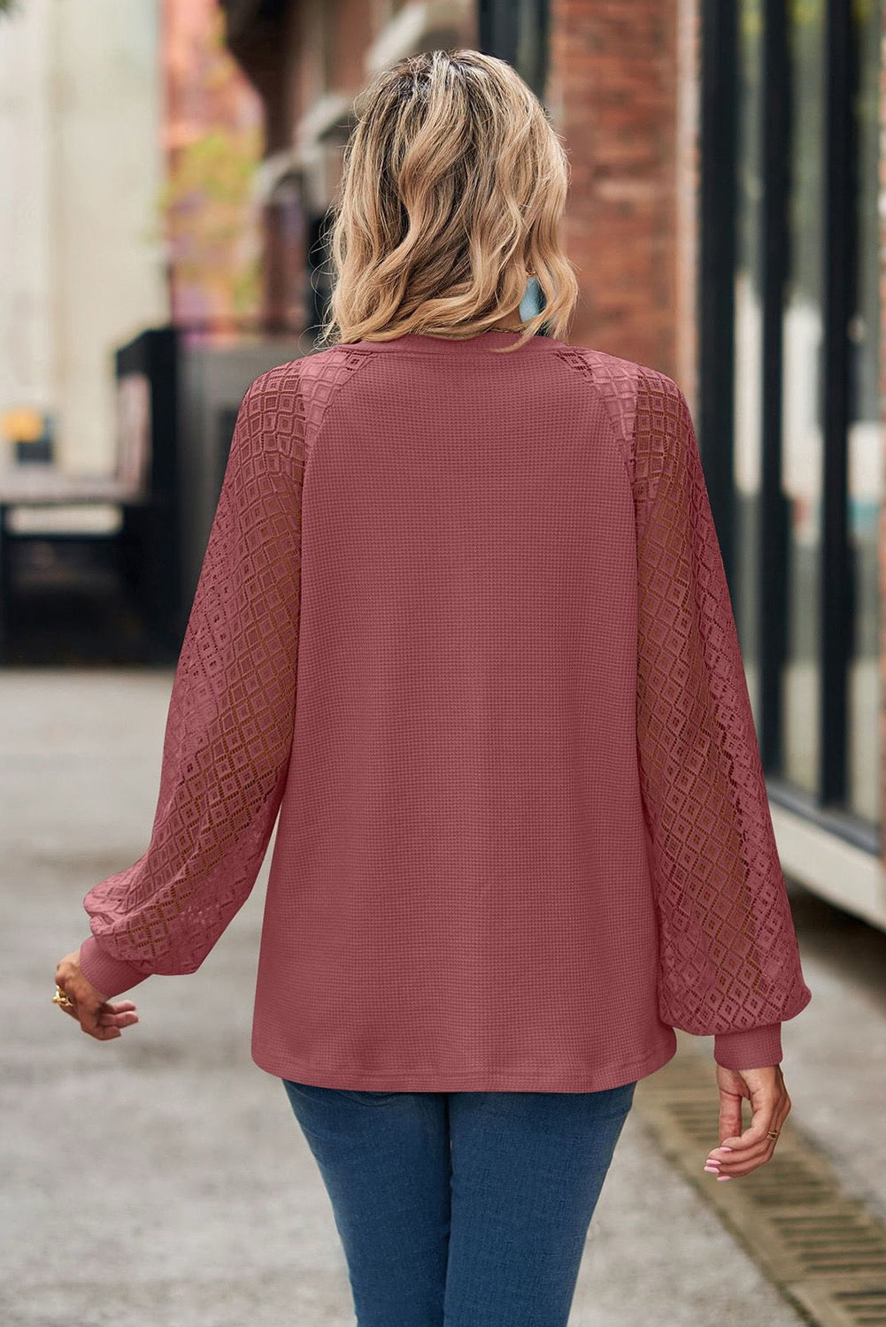 ROSE WAFFLED KNIT LACE SLEEVE BUTTON DOWN CARDIGAN