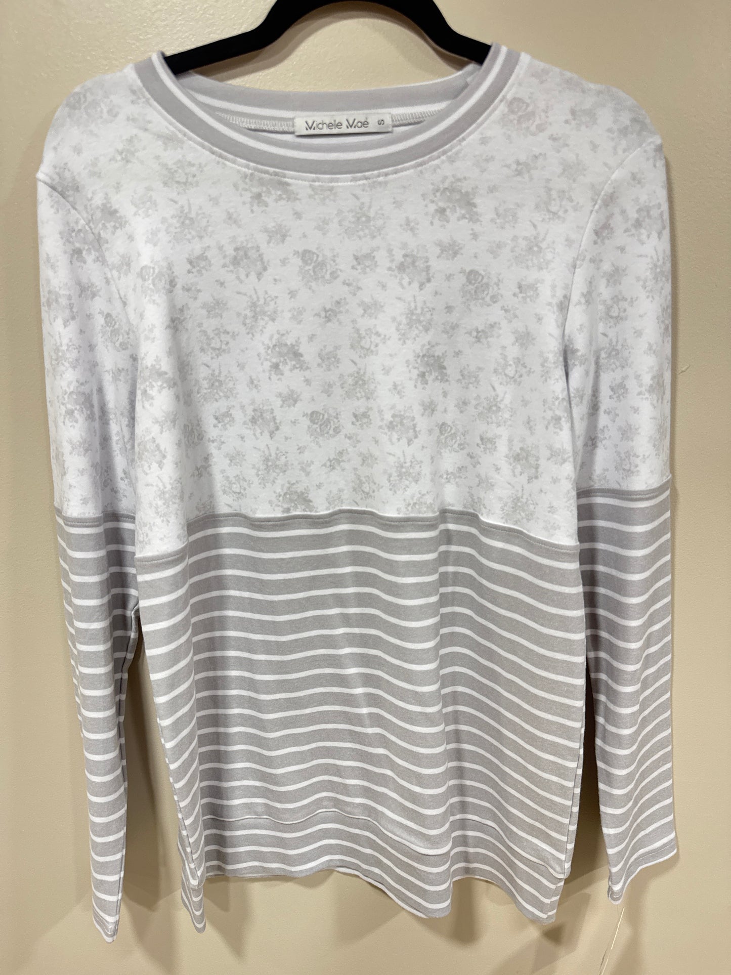 MICHELLE MAE GRAY FLORAL STRIPE CREWNECK SWEATSHIRT SIZE SMALL