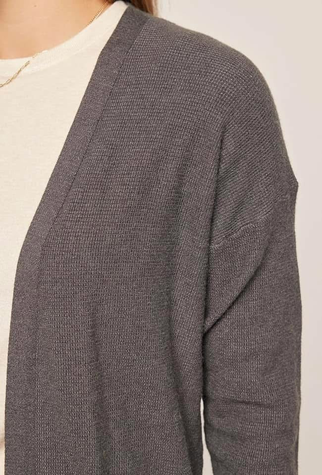 CHARCOAL WAFFLE TEXTURED SOFT TOUCH SWEATER CARDIGAN