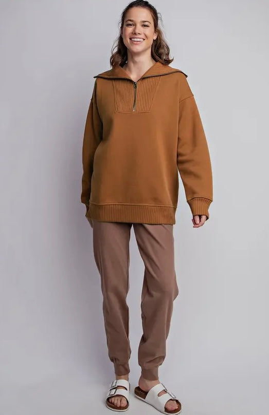 CAMEL FRENCH TERRY RIBBED MOCK NECK QUARTER ZIP