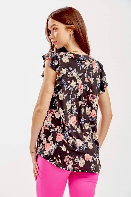 BLACK FLORAL FLUTTER SLEEVE TOP