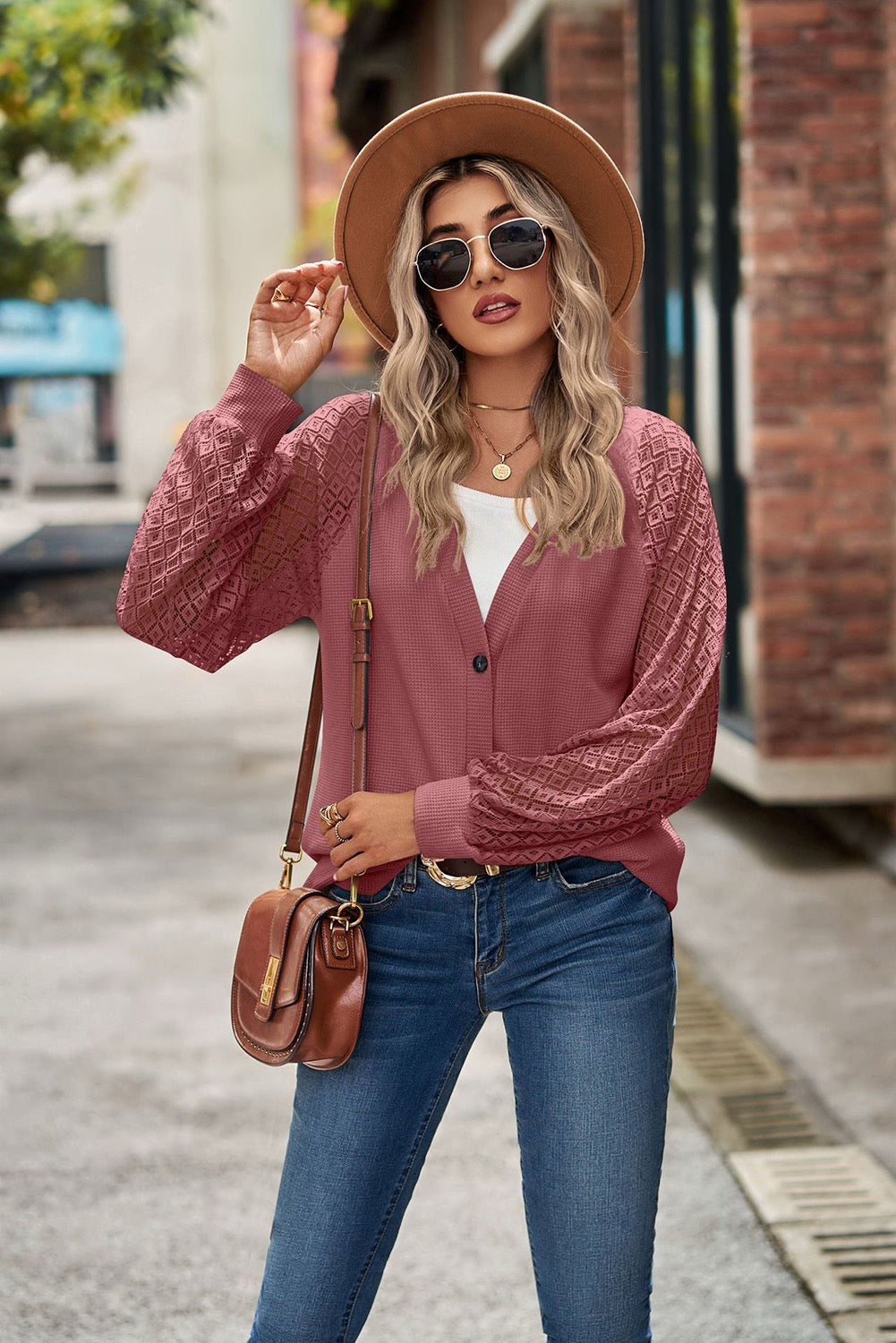 ROSE WAFFLED KNIT LACE SLEEVE BUTTON DOWN CARDIGAN