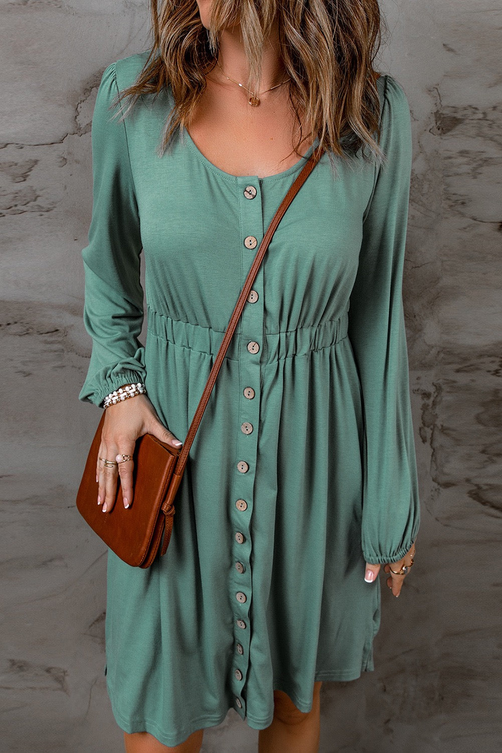 GREEN BUTTON DOWN LONG SLEEVE DRESS