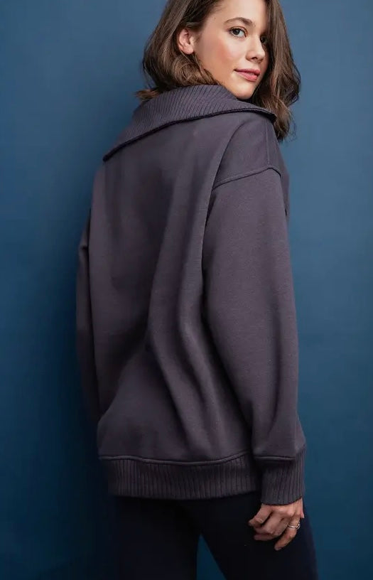 CHARCOAL FRENCH TERRY RIBBED MOCK NECK QUARTER ZIP