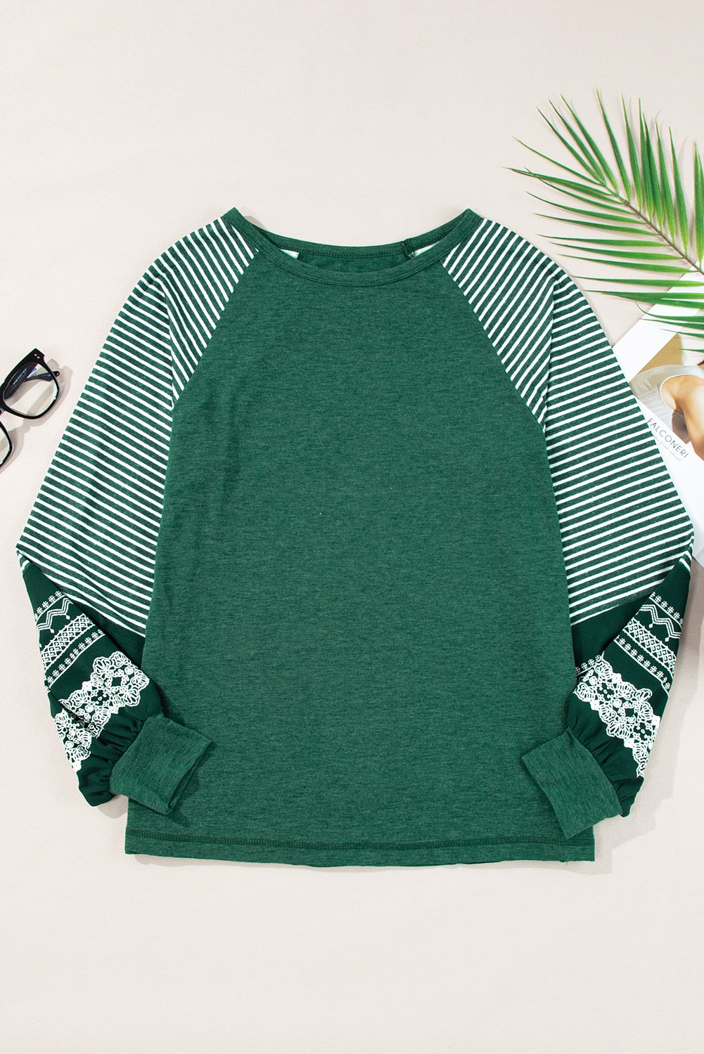 PREORDER DEEP GREEN RAGLAN STRIPED LOOSE SLEEVE TOP