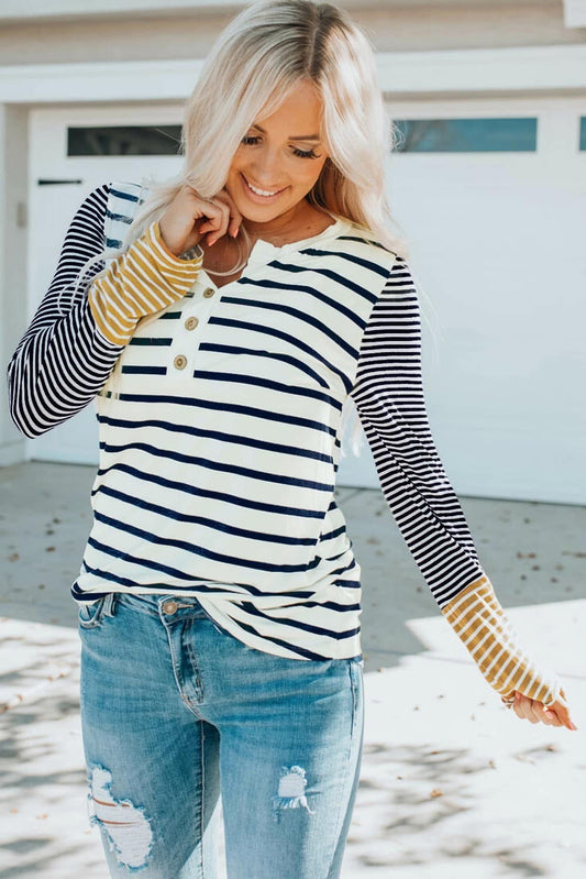 NAVY/WHITE/MUSTARD STRIPED BUTTON HENLEY TOP