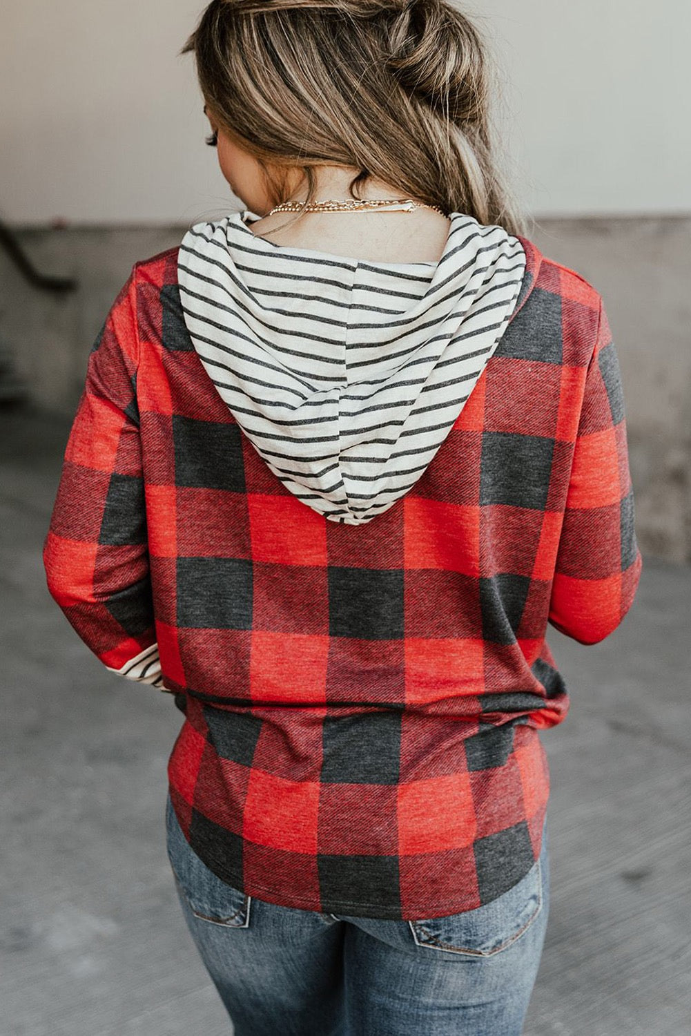 RED PATCHWORK DRAWSTRING HOODIE