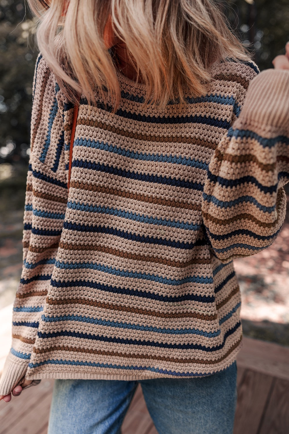 MULTICOLOR STRIPED KNITTED DROP SHOULDER ROUND NECK SWEATER