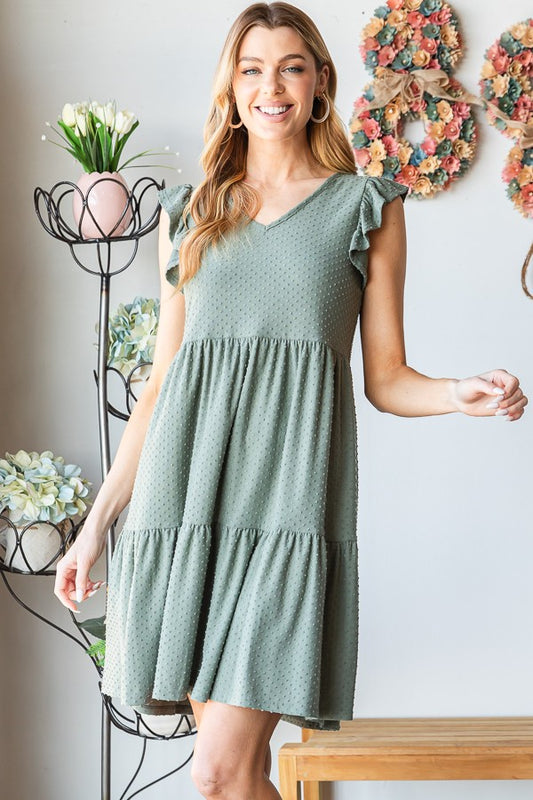 OLIVE SWISS DOT TIERED DRESS