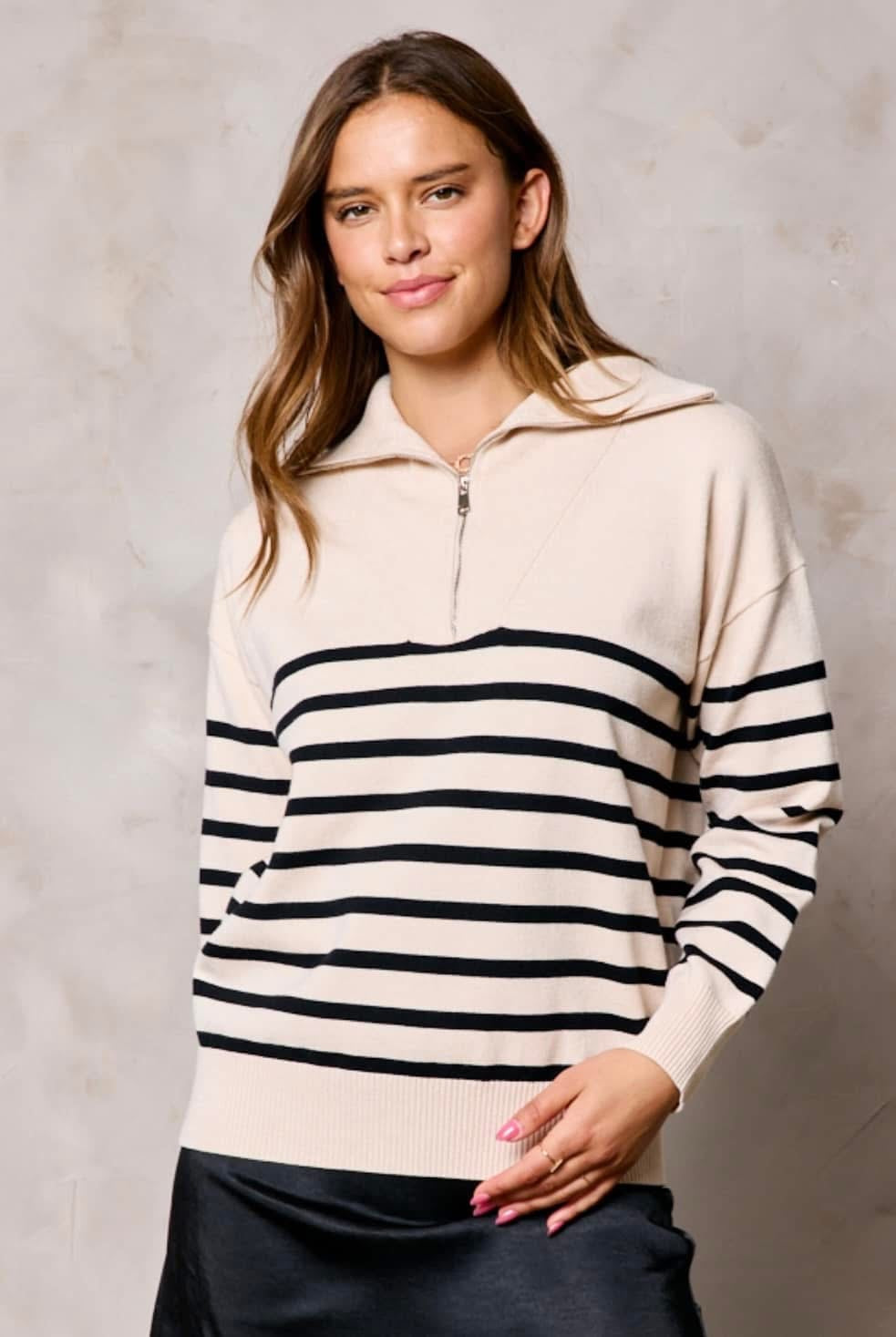 OATMEAL/BLACK STRIPE HALF ZIP SWEATER